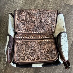 Tooled Leather & Cowhide Crossbody Bag - Brown